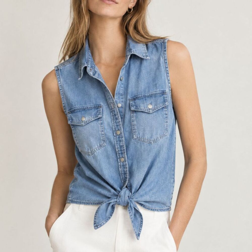 J.Crew Jeans Denim Top Women's Medium Light Blue Sleeveless Button Front Cotton